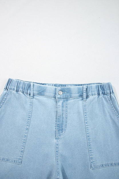 Plus Size Denim Elastic Waist Ruffle Wide Leg Pants