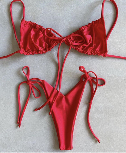 Popular Split Bikini Swimsuit Solid Color Women Bikini Tied Swimsuit