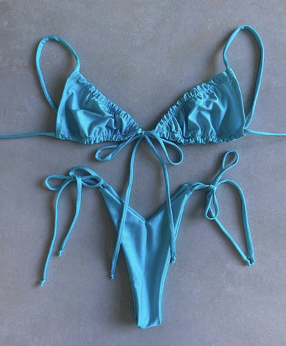 Popular Split Bikini Swimsuit Solid Color Women Bikini Tied Swimsuit