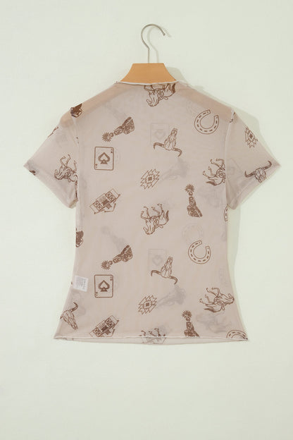 Western & Leopard Mesh Short Sleeve Top