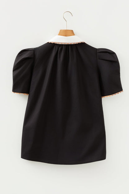 Colorblock Ricrac Trim Collared Short Sleeve Blouse