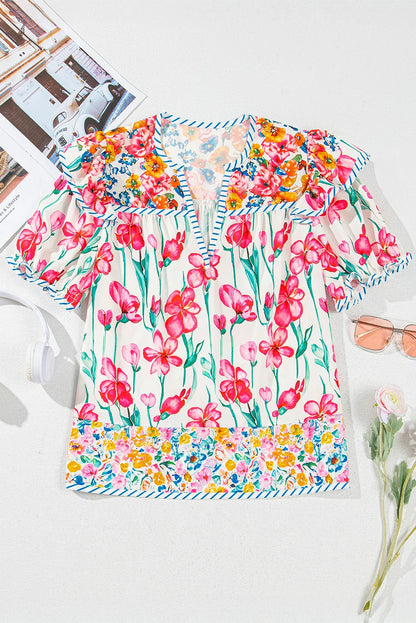 Floral Stripe Trim Split Neck Short Sleeve Blouse