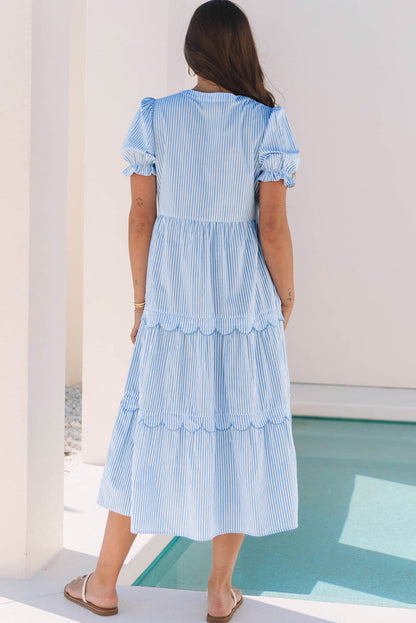 Stripe Bubble Short Sleeve Tiered Scallop Dress
