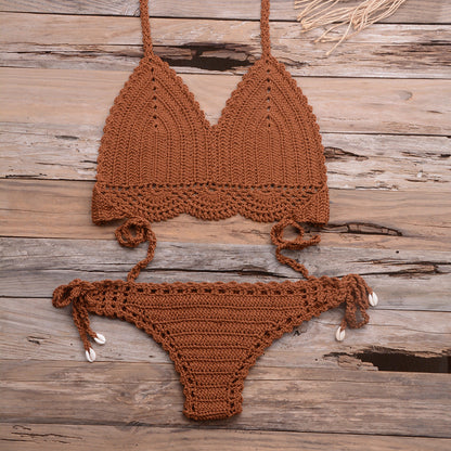 Beach Hollow-out Handmade Woven Split Strap Tank-Top Matching Shell Bikini Briefs