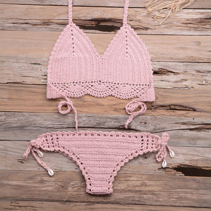 Beach Hollow-out Handmade Woven Split Strap Tank-Top Matching Shell Bikini Briefs