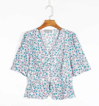 Women Clothing French Hong Kong Retro Floral V-neck Short Sleeve Single-Breasted Shirt Top