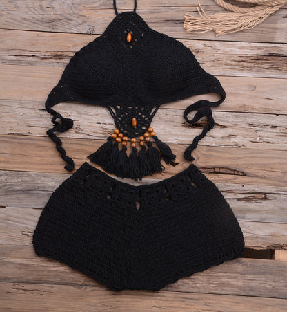 Vacation Beach Bikini Hollow Out Cutout out Dangling Beads Stretch Solid Color Split Swimsuit Suit