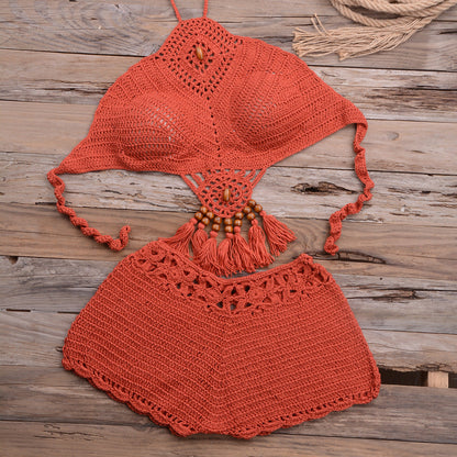 Vacation Beach Bikini Hollow Out Cutout out Dangling Beads Stretch Solid Color Split Swimsuit Suit
