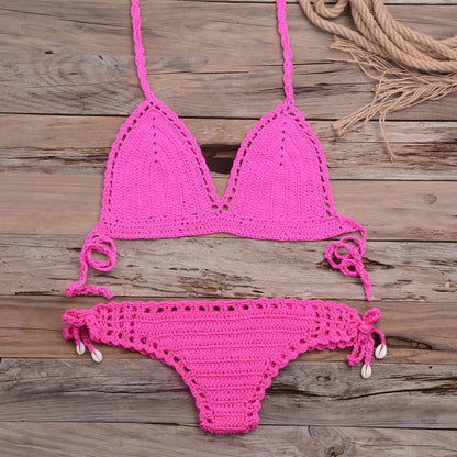All-Matching Handmade Weaving Hollow Out Cutout Beach Women Split Bikini Swimsuit Shell Shorts Suit