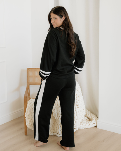 Jordyn Varsity Stripe  Drawstring Wide Leg Pant Set - Black