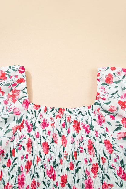 Floral Puff Sleeve Square Neck Tiered Dress