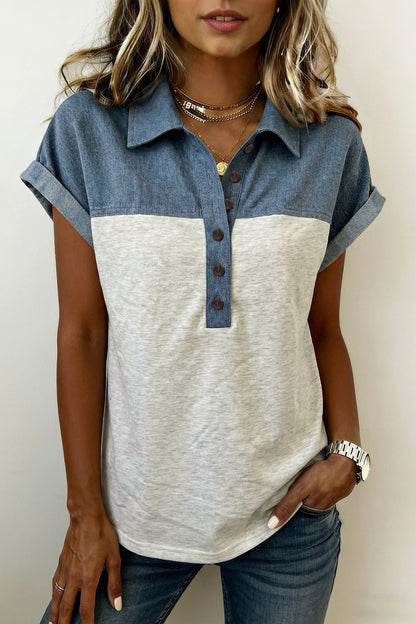 Colorblock Denim Patchwork Buttoned Polo Top