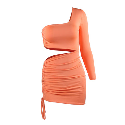 Women Clothing Sexy Hollow Out Cutout Strap Hip One Shoulder Long Sleeve Dress