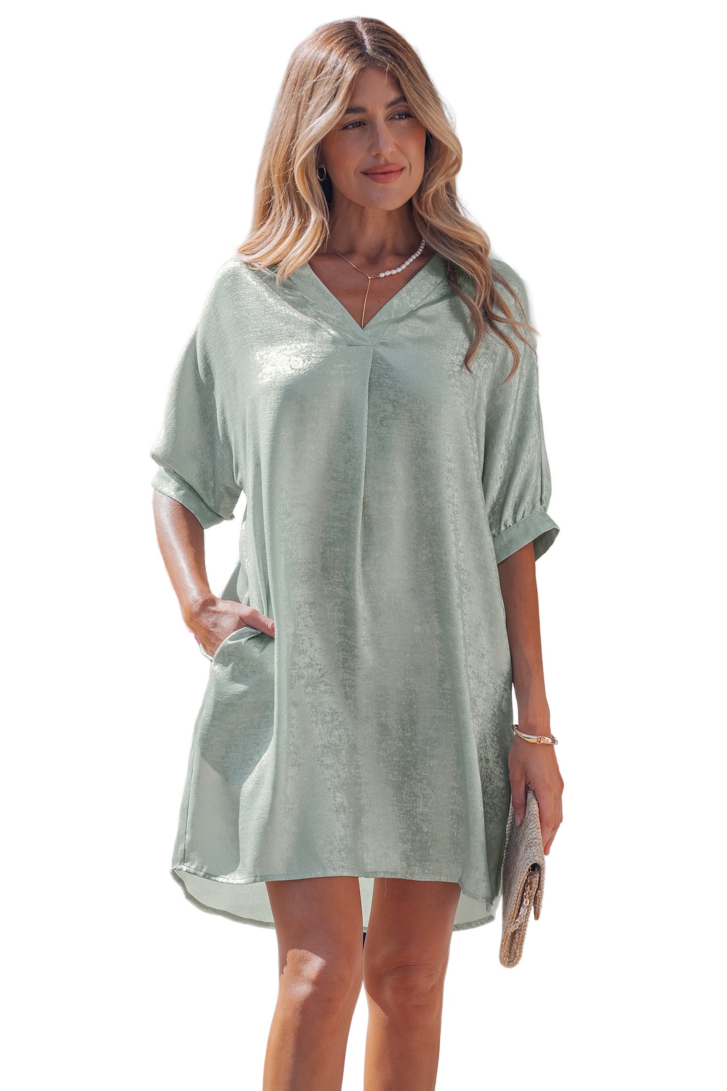 Metallic V-Neck Short Sleeve Mini Dress
