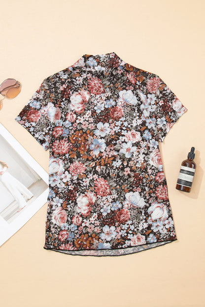 Floral Mesh Mock Neck Short Sleeve Top