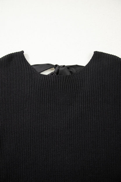 Ribbon Knot Backless Drop Shoulder Ribbed Sweater