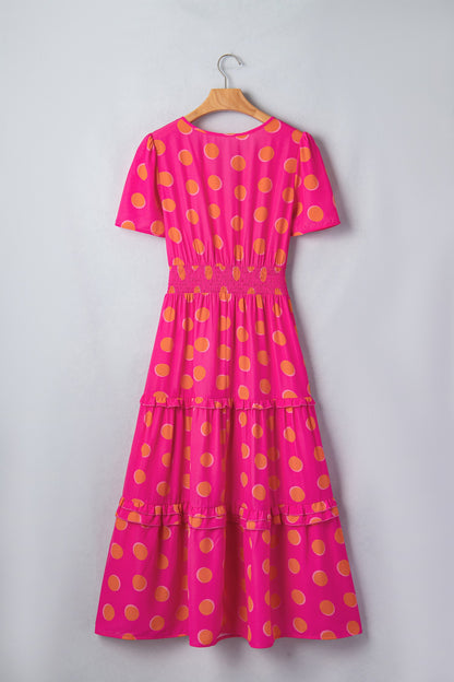 Polka Dot Short Sleeve Shirred Waist Midi Dress