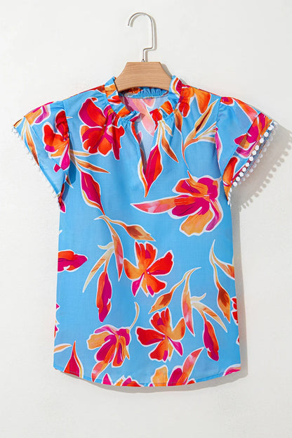 Floral Pompom Trim Flutter Sleeve V-Neck Blouse