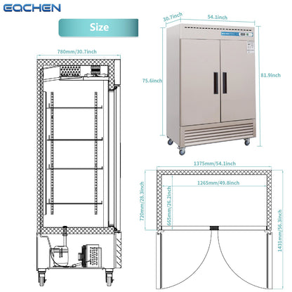 Commercial Reach in Freezer, 2 Door 49 Cu.ft Stainless Steel Commercial Reach in Solid Door Upright Fan Cooling Freezer