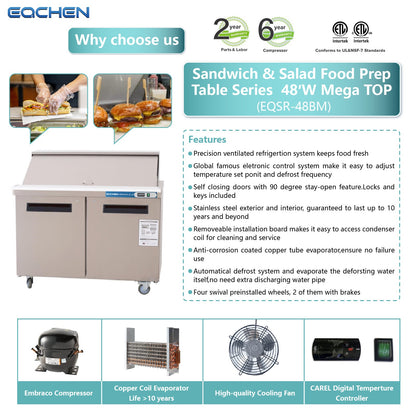 48 inch Salad Sandwich Prep Table Refrigerator, Mega Top, Stainless Steel Food Prep Cooler
