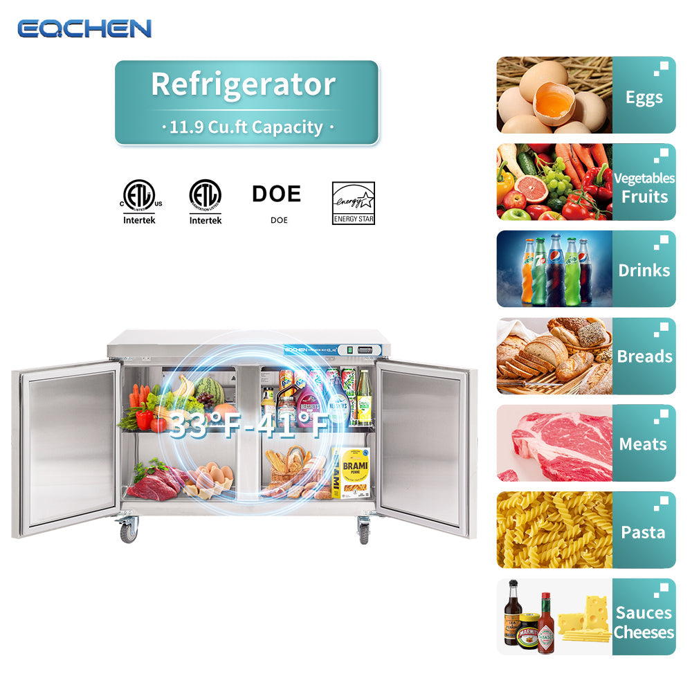 Commercial Undercounter Refrigerator, EQCHEN 48" Double Door Stainless Steel Lowboy Cooler Worktop Fridge 12 Cu.ft