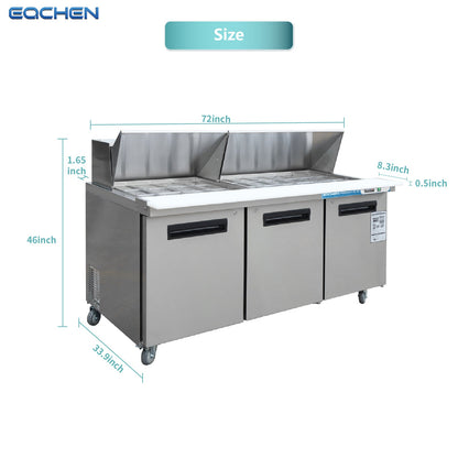 72 inch Salad Sandwich Prep Table Refrigerator, Mega Top, Stainless Steel Food Prep Cooler