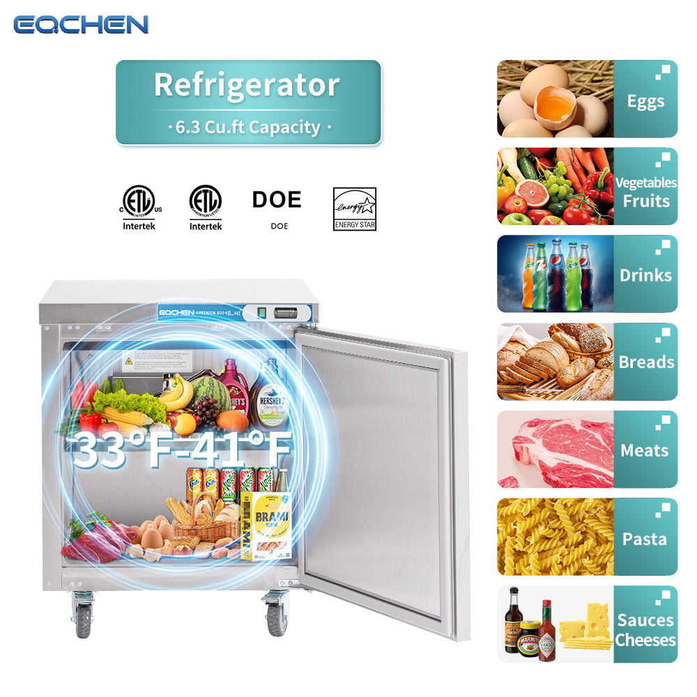Commercial Undercounter Refrigerator, EQCHEN 28" Single Door Stainless Steel Lowboy Cooler Worktop Fridge 6.3 Cu.ft