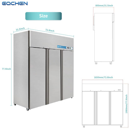 Commercial Reach In Fridge and Freezer Combo, EQCHEN 72" 3 Door Commercial Refrigerator and Freezer Combination
