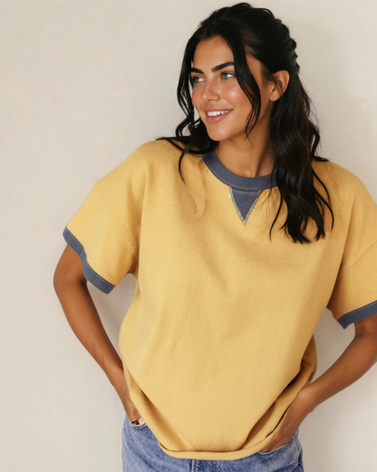 Ellison Contrast Trim Raw Hemline Short Sleeve Loose Top