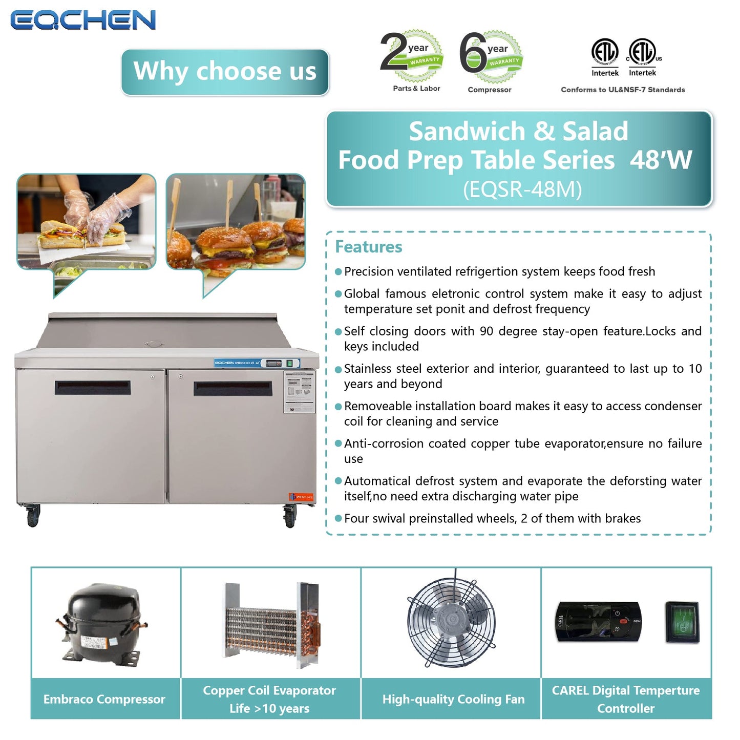 EQCHEN 48 Inch Sandwich Prep Table Refrigerator