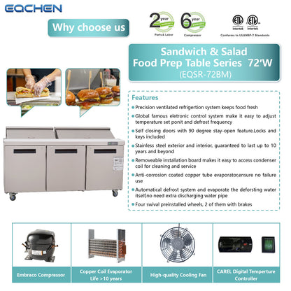 EQCHEN 72 Inch Mega Top Sandwich Prep Table Refrigerator