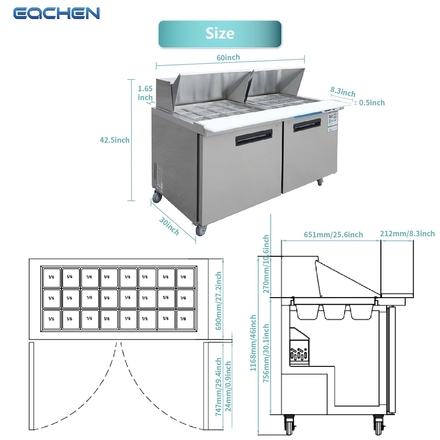 EQCHEN 60" W 2 Door Refrigerator Sandwich & Salad Prep Table Commercial Mega Top Refrigerator