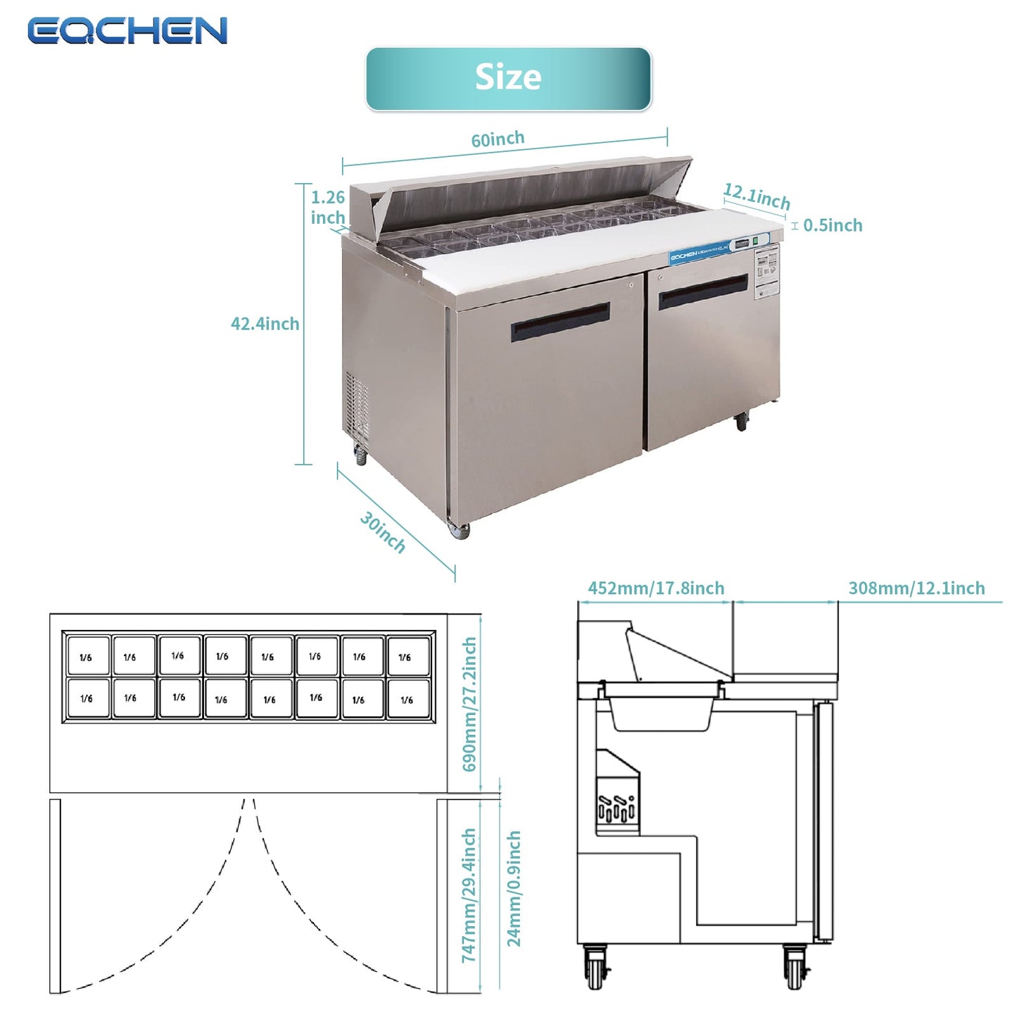 60 inch Salad Sandwich Prep Table Refrigerator, Stainless Steel Food Prep Cooler