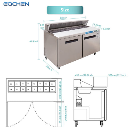 60 inch Salad Sandwich Prep Table Refrigerator, Stainless Steel Food Prep Cooler