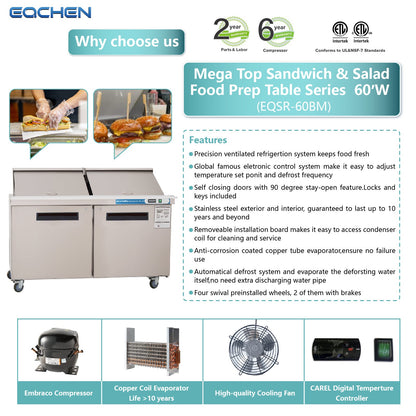 EQCHEN 60" W 2 Door Refrigerator Sandwich & Salad Prep Table Commercial Mega Top Refrigerator