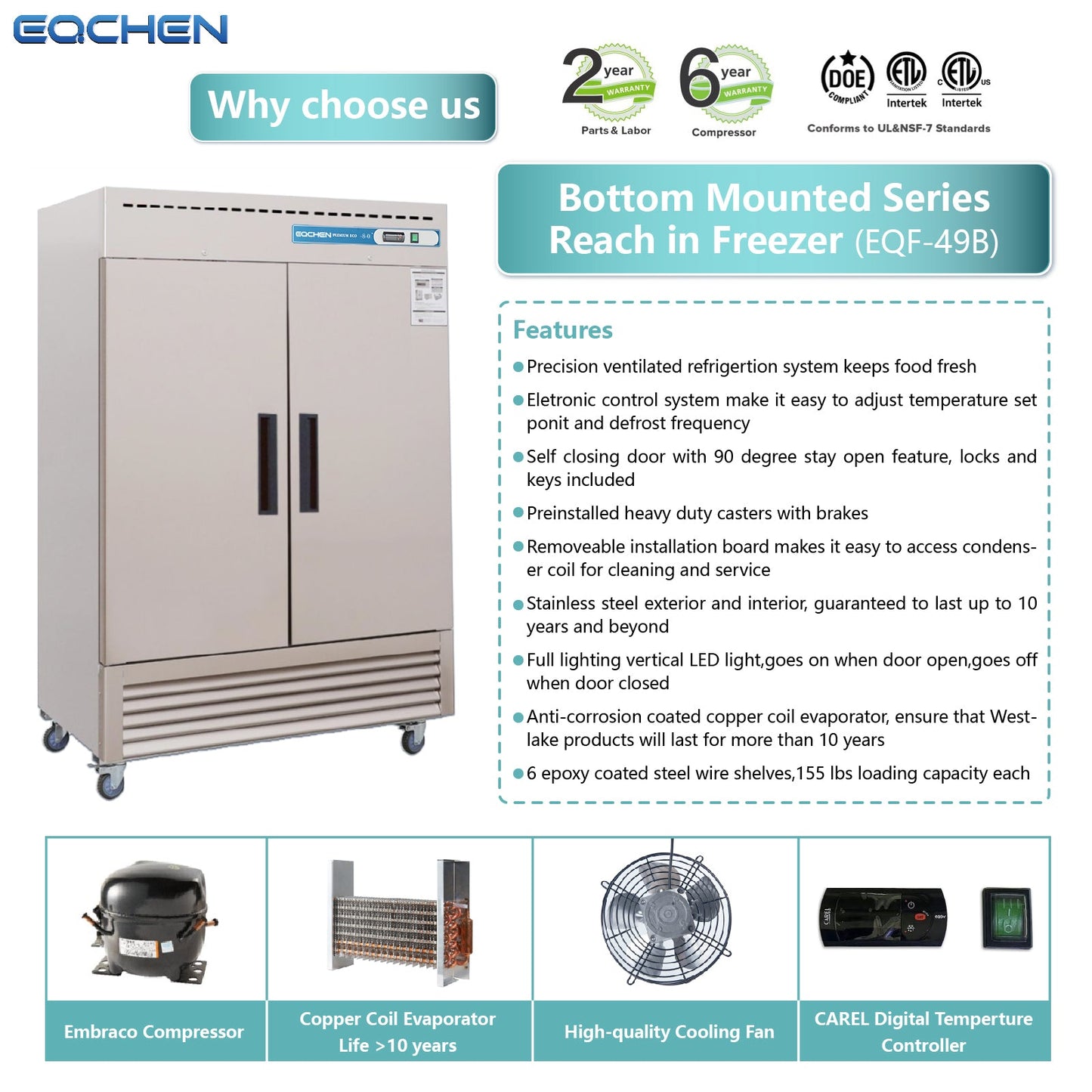 Commercial Reach in Freezer, 2 Door 49 Cu.ft Stainless Steel Commercial Reach in Solid Door Upright Fan Cooling Freezer