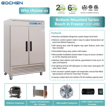 Commercial Reach in Freezer, 2 Door 49 Cu.ft Stainless Steel Commercial Reach in Solid Door Upright Fan Cooling Freezer
