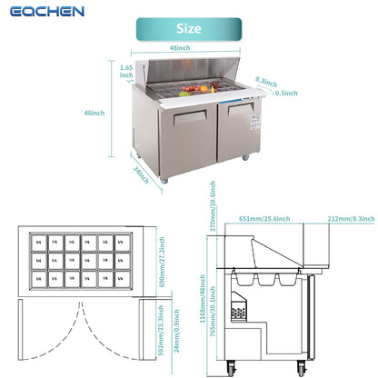 EQCHEN 48 Inch Mega Top Sandwich Prep Table Refrigerator