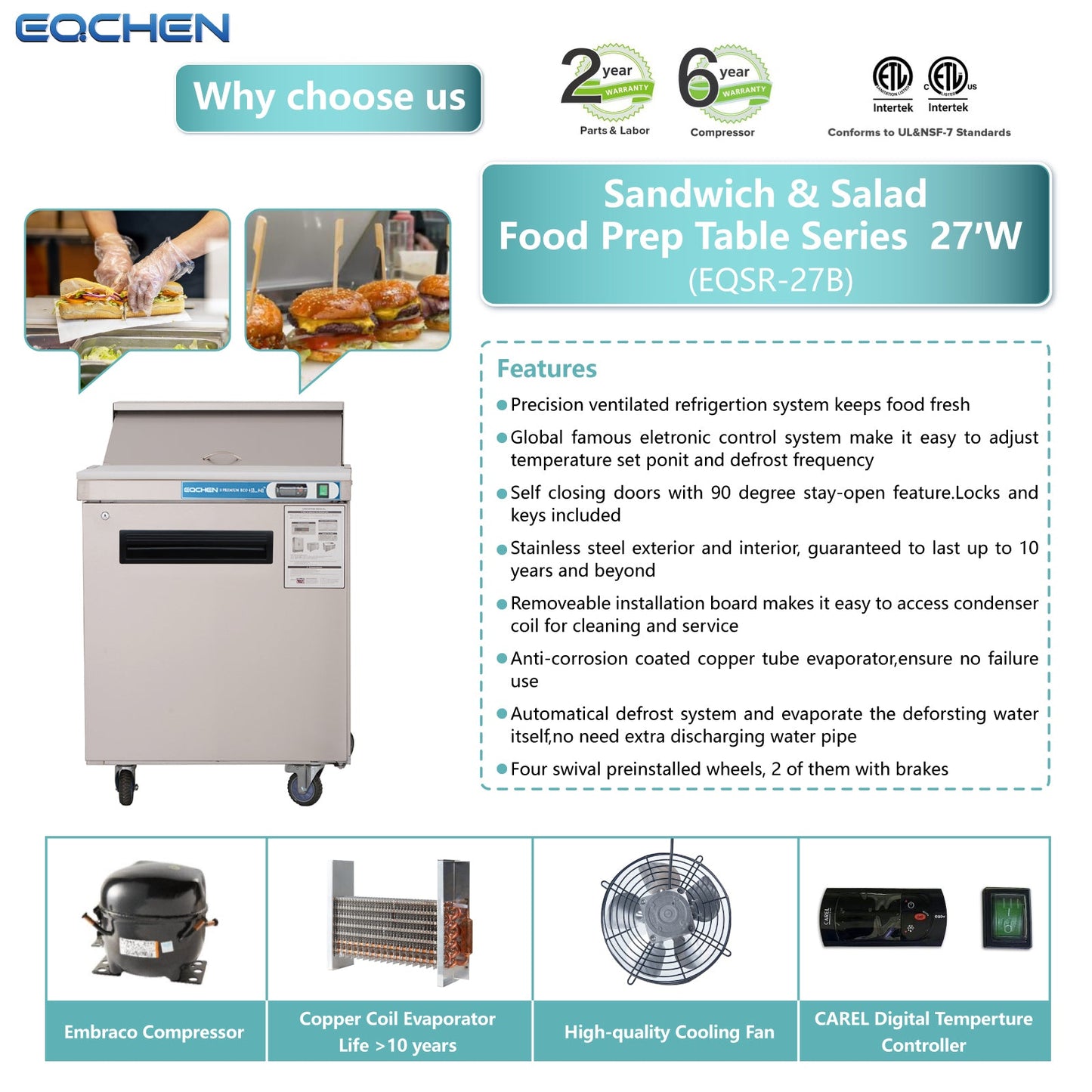 EQCHEN 27 Inch Sandwich Prep Table Refrigerator