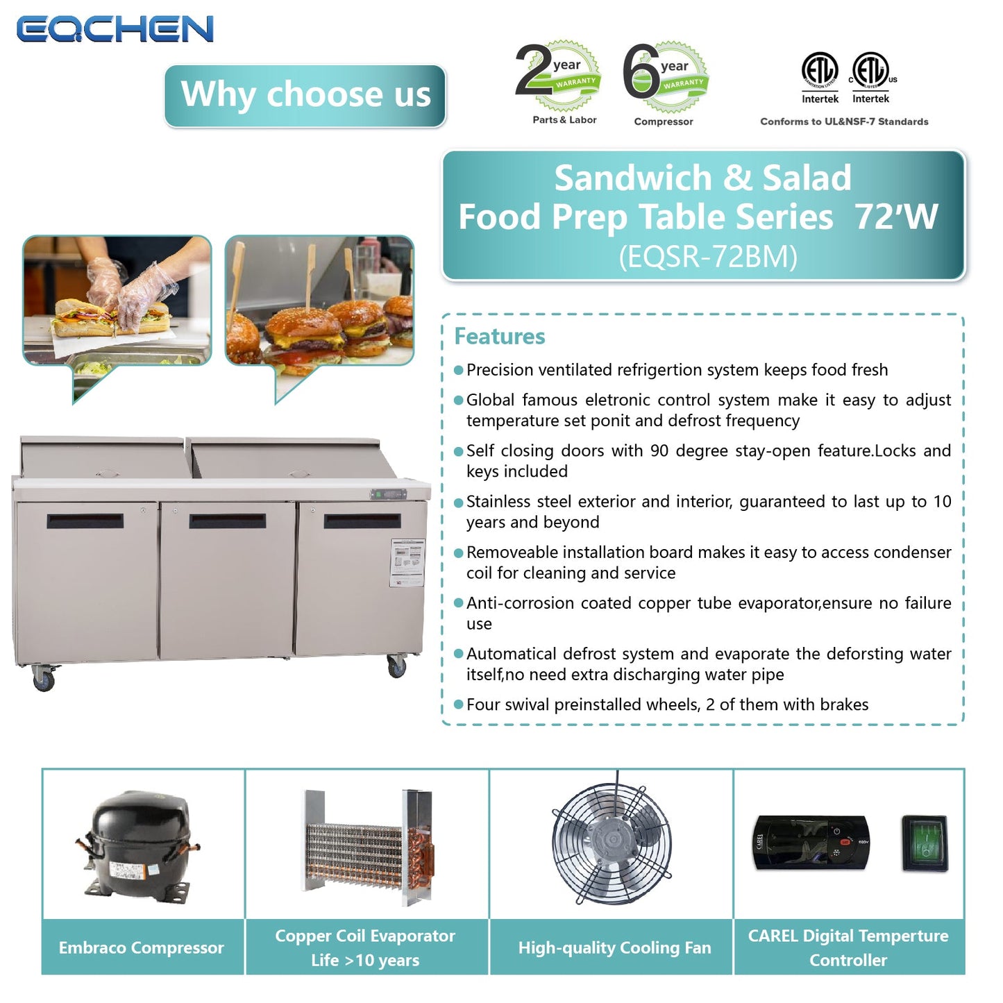 72 inch Salad Sandwich Prep Table Refrigerator, Mega Top, Stainless Steel Food Prep Cooler