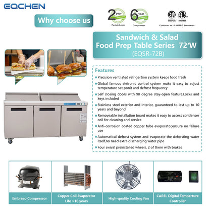 EQCHEN 72 Inch Sandwich Prep Table Refrigerator