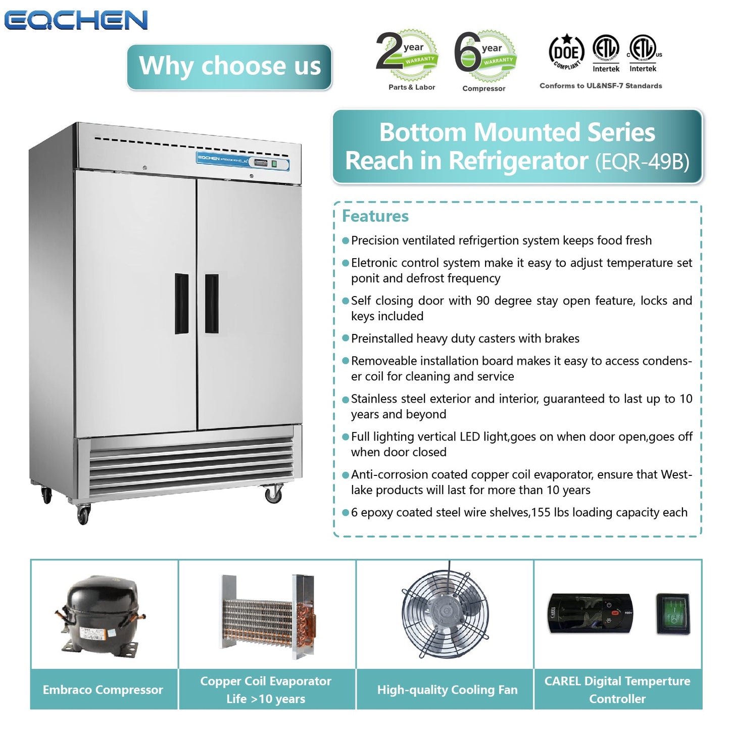 Commercial Reach in Fridge, 2 door 49Cu.ft Stainless Steel Commercial Reach in Upright refrigerator