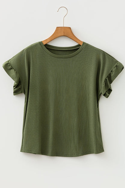 Solid Ribbed Knit Ruffle Short Sleeve T-Shirt
