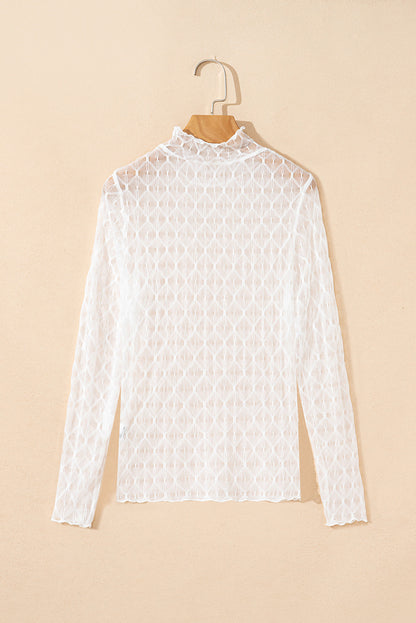 Sheer Mesh Lettuce Trim Long Sleeve Top