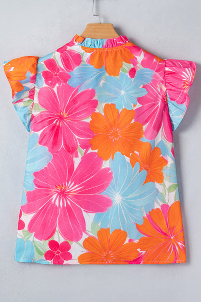 Floral Ruffle Tied V-Neck Flutter Sleeve Blouse