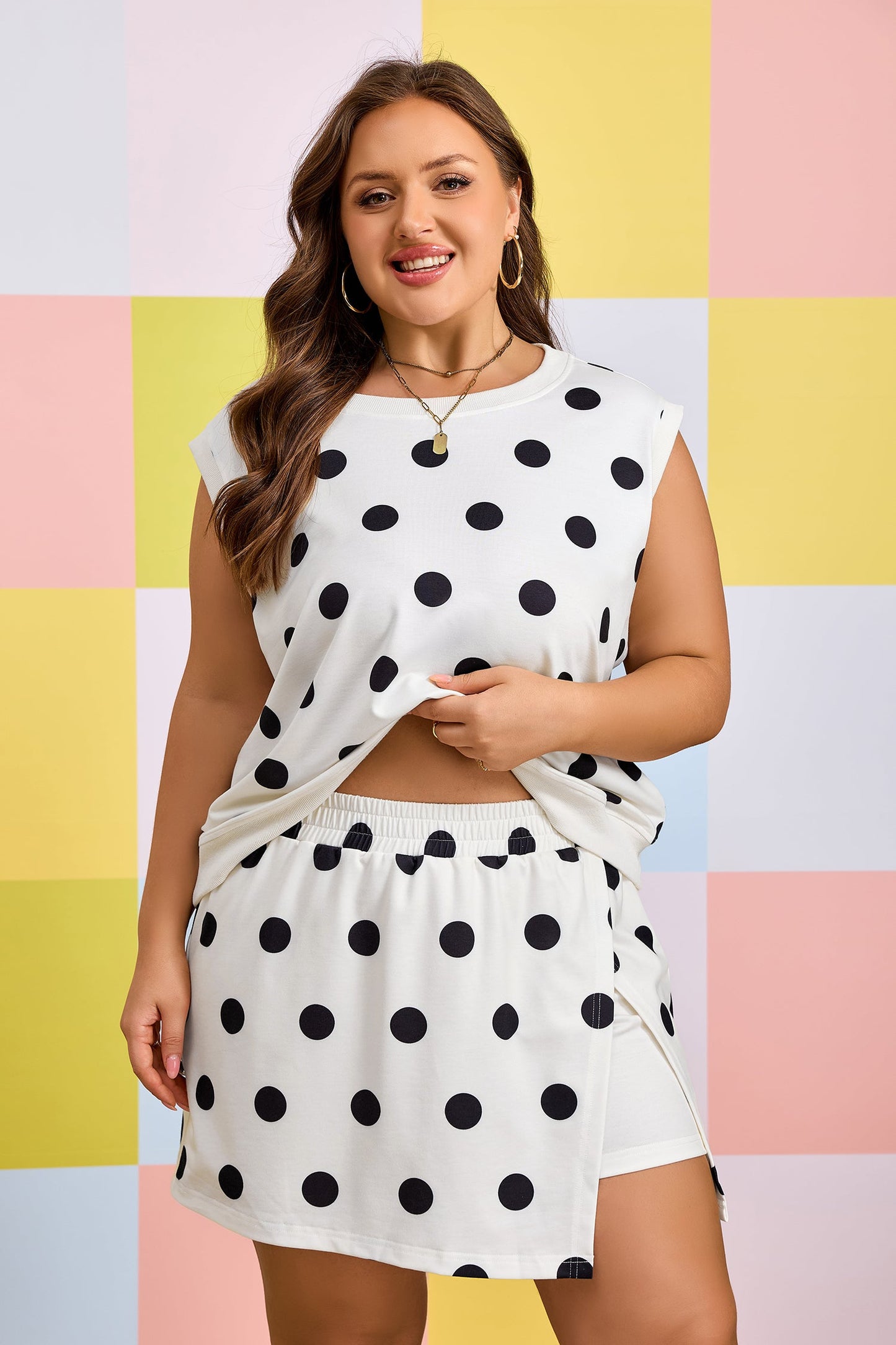 Plus Size Polka Dot Tank & Split Skort Set
