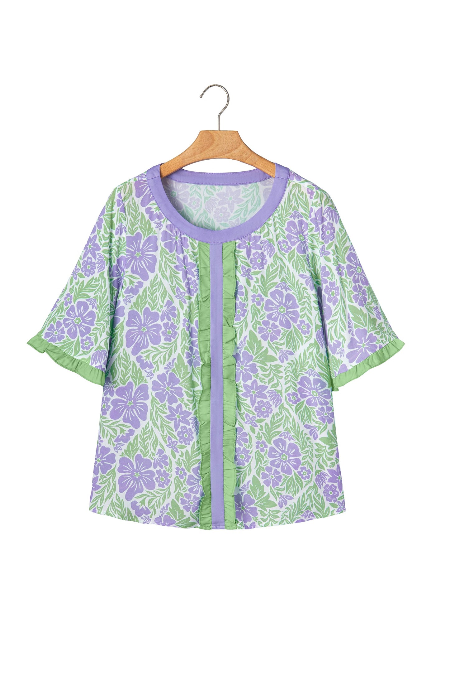Floral Ruffle Colorblock Trim Short Sleeve Blouse