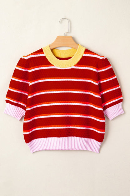Stripe Colorblock Trim 3/4 Sleeve Sweater Top