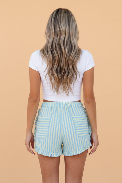 Stripe Ruffle Trim Elastic Waist Shorts