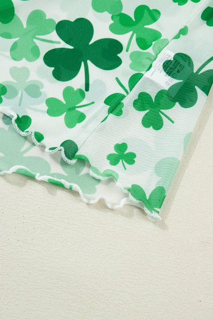 St Patrick Shamrock Lettuce Trim Mock Neck Top